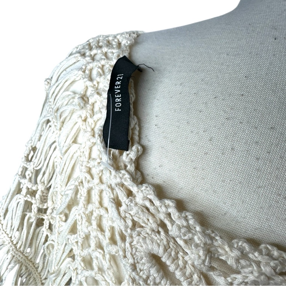Forever21 Crochet Top Beach Cover Up Cream Fringe Poncho Crochet Shirt Summer - Picture 9 of 13